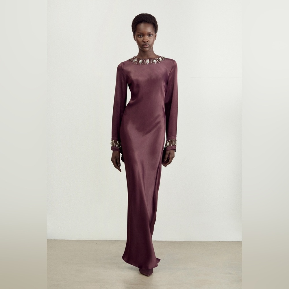 Crystal Embellished Raw Edge Satin Wrap Maxi Dress